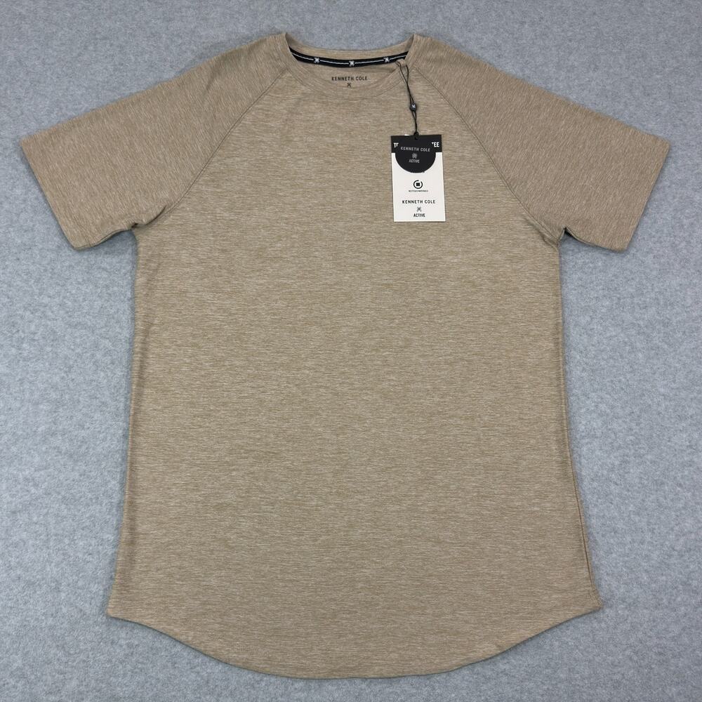 Kenneth Cole Active Mens Tech Raglan Tee Sand Heather Tan Small S Curved Hem NWT